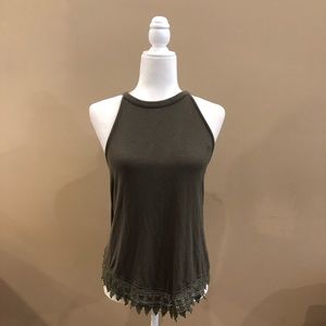 Pique Army Green Ribbed Tank Top with Lace Detail, Size L